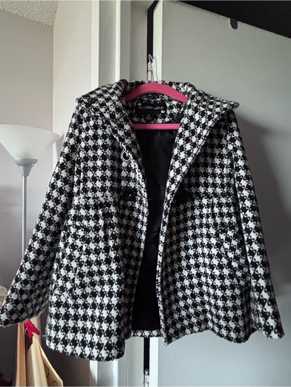 Rothschild Black & White Houndstooth Hooded Pea Coat